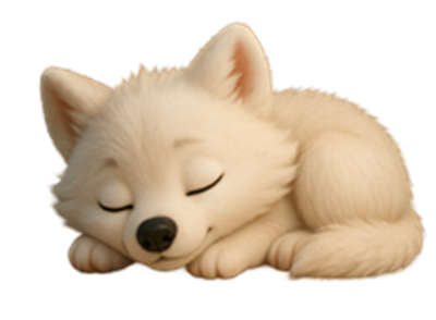 En sød, sovende hvid ulv med lukkede øjne og en blød pels.