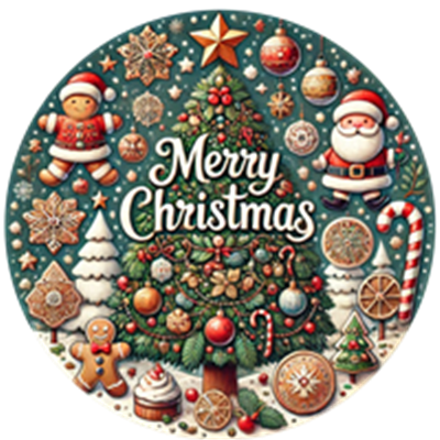 Et farverigt julebillede med et pyntet juletræ, julesmåkager og julemand.