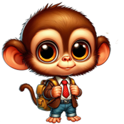 En nuttet, animeret abe med store øjne, iført jakkesæt og rygsæk.