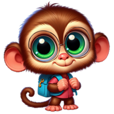 En farverig, tegnet abe med store briller og en rygsæk, der ser venlig ud.