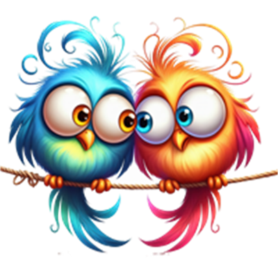 To søde og farverige fugle sidder tæt sammen på en gren, med livlige fjer og store øjne.