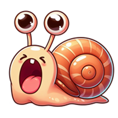 En tegneserieagtig snegl med store øjne og en åben mund, der ser ud til at gaben.