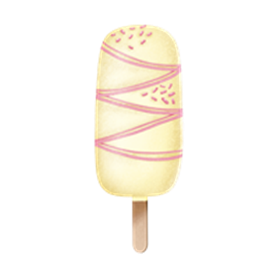 En farverig is på en træpind med dekorationer og en cremet overflade.