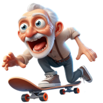 En glad, ældre mand skater på en skateboard med entusiasme og energi.