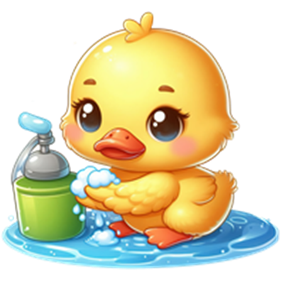 En tegneserieagtig gul and, der leger med sæbe og vand.