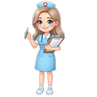 En tegneserieagtig sygeplejerske med blond hår, iført en blå uniform og en hvid hat, holder en pen og clipboard.