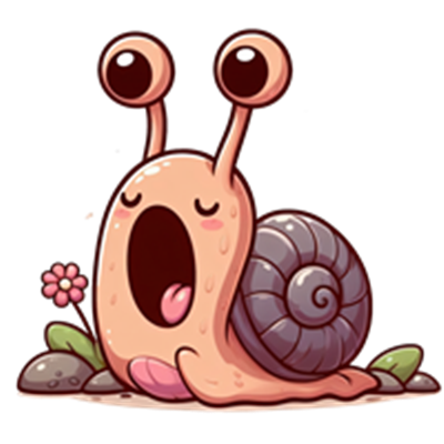 En sød, cartoonagtig snegl med store øjne, der ser ud til at gabe, omgivet af små sten og en blomst.