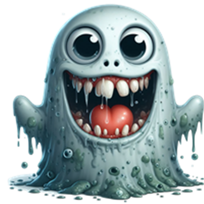 Et farverigt og venligt spøgelse med store øjne og et stort smil, der ser ud til at være glad.