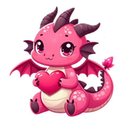 En nuttet pink drage, der holder et hjerte, med store øjne og små vinger.