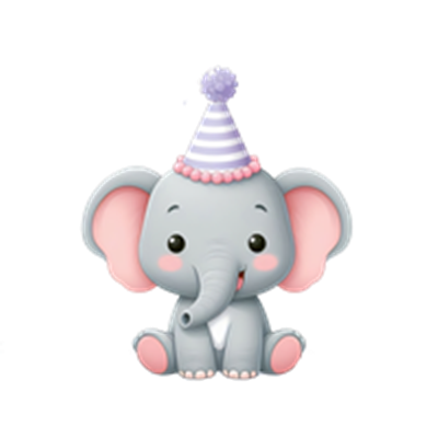 En sød, lille elefant iført en festhat, der sidder og smiler.