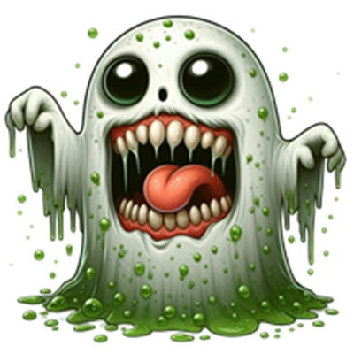 Et farverigt og uhyggeligt spøgelse med store øjne og en lang tunge, dækket af slim.