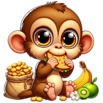 En tegneserieagtig abe, der spiser en sandwich, omgivet af frugter og en pose med guldmønter.