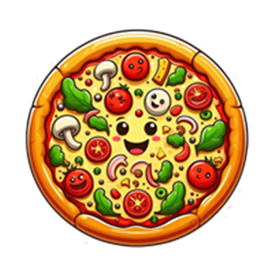 En sjov og farverig pizza med forskellige toppings som tomater, svampe og salat.