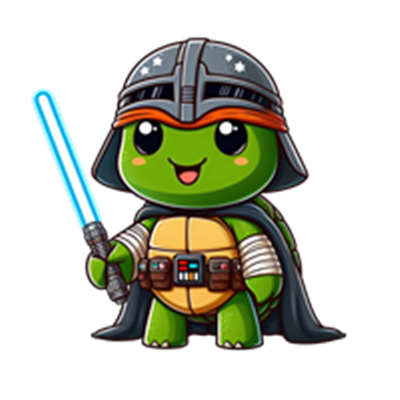 En sød, tegneserieagtig skildpadde iført en hjelm og kappe, der holder et lyssværd.