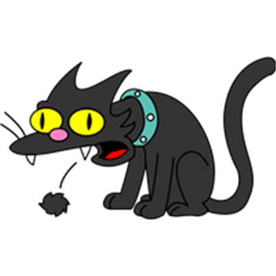 En sort kat med store gule øjne og en blå halsbånd, der ser skræmmende ud.