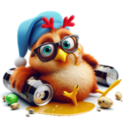 En sød animeret fugl iført en blå hue og briller, omgivet af snacks og drikkevarer.