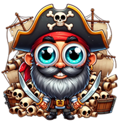 En farverig og tegneserieagtig pirat med store øjne, skæg og pirathat, omgivet af skatte.