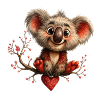 En sød koala sidder på en gren med et hjerte og blomster omkring sig.