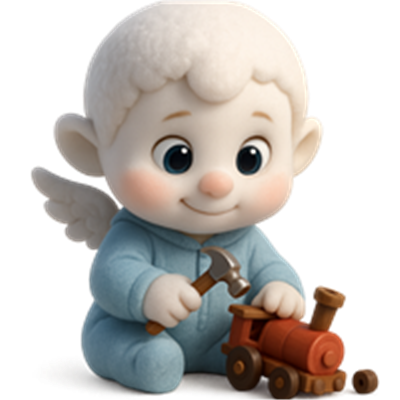 En sød englebaby i blå pyjamas leger med en trælegetog og en hammer.