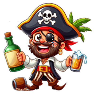 En glad pirat med øjenplaster, hat og drinke, klar til fest.