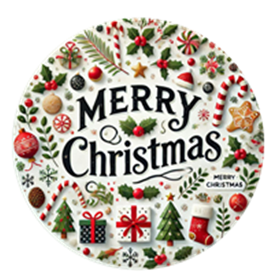 Et farverigt og festligt design med julemotiver og teksten Merry Christmas.