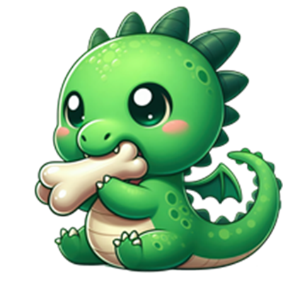 En farverig, tegneserieagtig drage, der holder et ben i munden og ser glad ud.