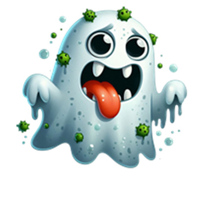 Et farverigt, cartoon-agtigt spøgelse med store øjne og en udstrakt tunge, dækket af bakterier.