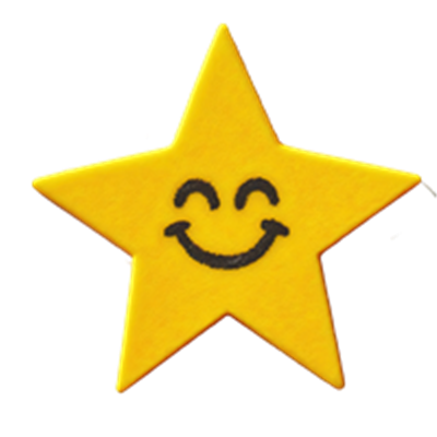 En glad, gul stjerne med et smilende ansigt, der udstråler glæde.