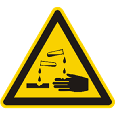 Et advarselsskilt, der viser en hånd og dråber fra reagensglas, der indikerer kemisk fare.