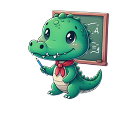 En sød, grøn drage iført et tørklæde, der holder en tavle og en blyant.