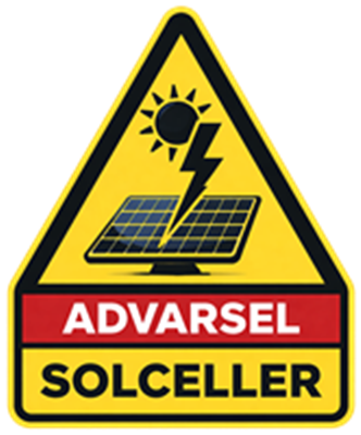 Et advarselsskilt med solcellepaneler, sol og lyn, der informerer om sikkerhed.