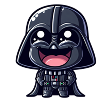 En tegneserieversion af Darth Vader med et stort smil og søde træk.