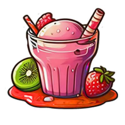 En illustreret milkshake i et glas, pyntet med is, frugt og sugerør.