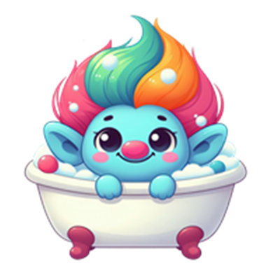 En sød, farverig trold med regnbuehår sidder i et badekar fyldt med skum.