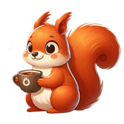 Et tegneserieagtigt egern med en stor, fluffy hale, der holder en kop kaffe.