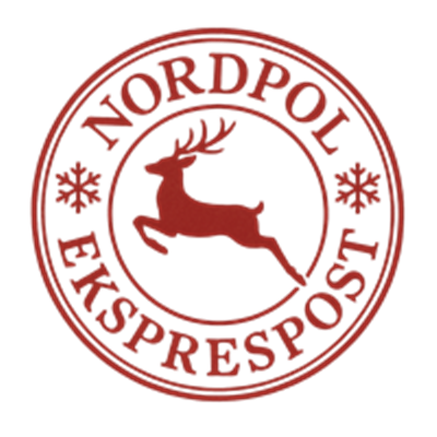 Et rødt stempel med teksten NORDPOL EKSPRESPOST og et springende rensdyr.