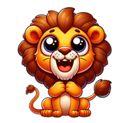 En farverig og nuttet tegneserie-løve med store, glade øjne og et venligt smil.