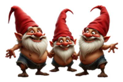 Tre farverige nisser med røde huer og store smil, der står sammen.