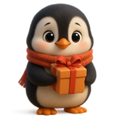 En nuttet pingvin med en rød tørklæde holder en gave i hænderne.