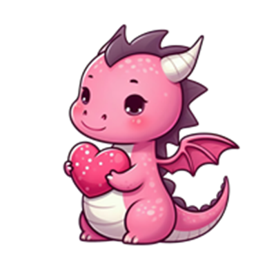 En lille, nuttet pink drage holder et hjerte, med glade træk og farverige vinger.