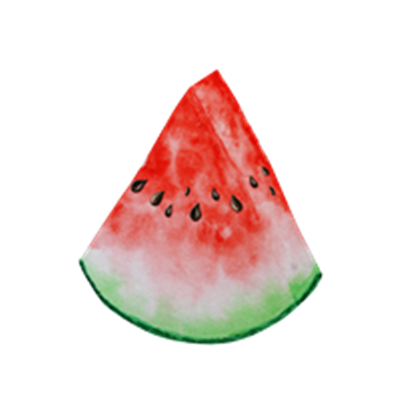 En farverig skive af vandmelon med rød pulp og grøn skal.