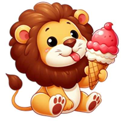 En tegneserie-lignende løve, der holder en isvaffel med jordbæris.