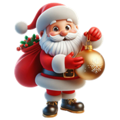 En glad julemand holder en gylden julekugle og en sæk med gaver.