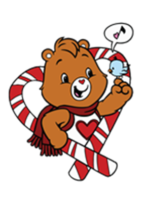 En sød bamse med et hjerte og en fugl, omgivet af slikstænger.