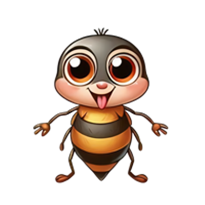 En farverig og venlig tegneseriebi med store øjne og en glad udtryk.