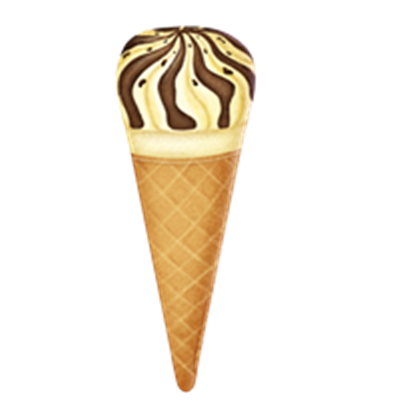 En isvaffel med en cremet top af chokolade- og vaniljeis, prydet med chokolade-striber.