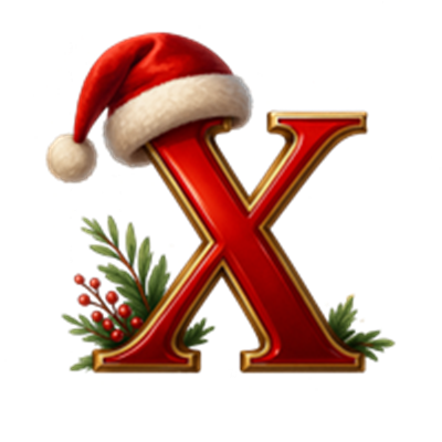 Et dekorativt bogstav X iført en rød nissehue og omkranset af julegrønt.
