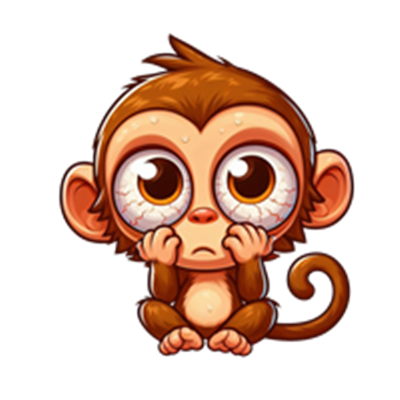 En tegneserieagtig abe med store øjne, der ser trist og bekymret ud.