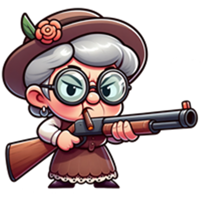 En tegneserieagtig bedstemor med briller, der holder et gevær og ser beslutsom ud.