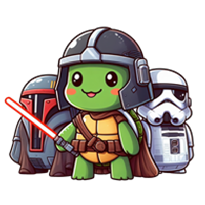 En sød skildpadde iført en hjelm og sværd, omgivet af Star Wars karakterer.